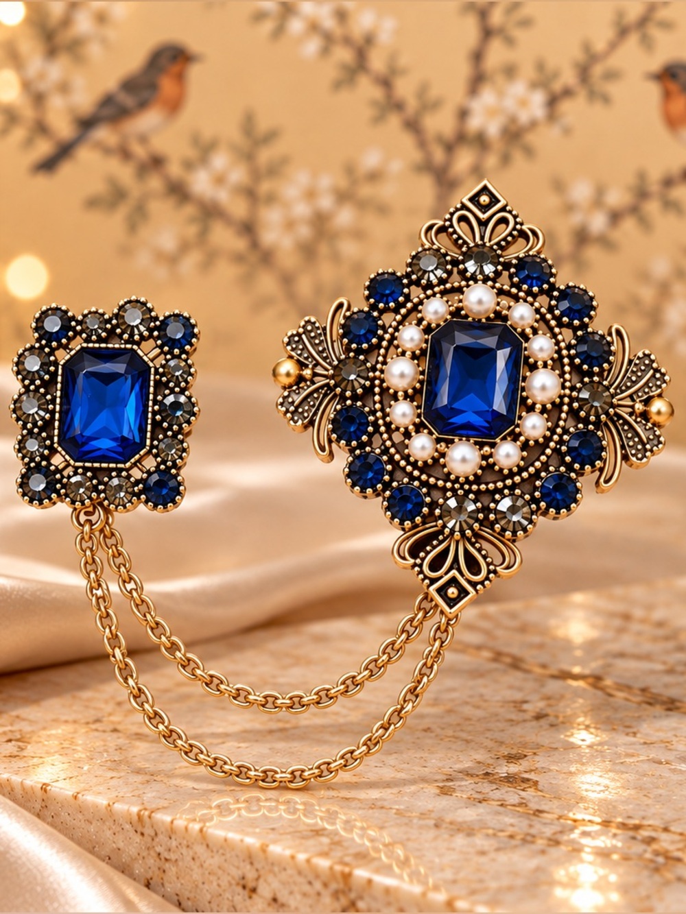 Blue Crystal Pearl Double Brooch Chain Vintage Style Blazer Statement Pin